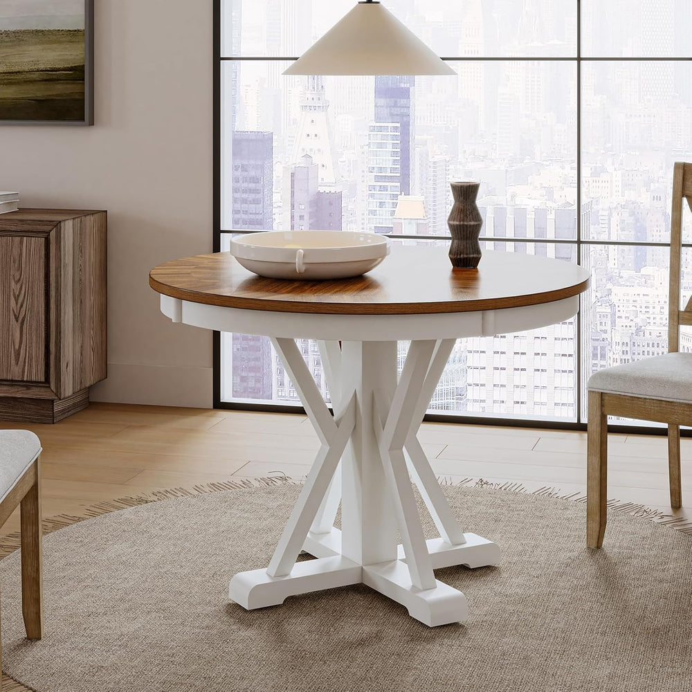 HULALA HOME Round Dining Table for 4, 42" Rustic Farmhouse Pedestal Tabl...