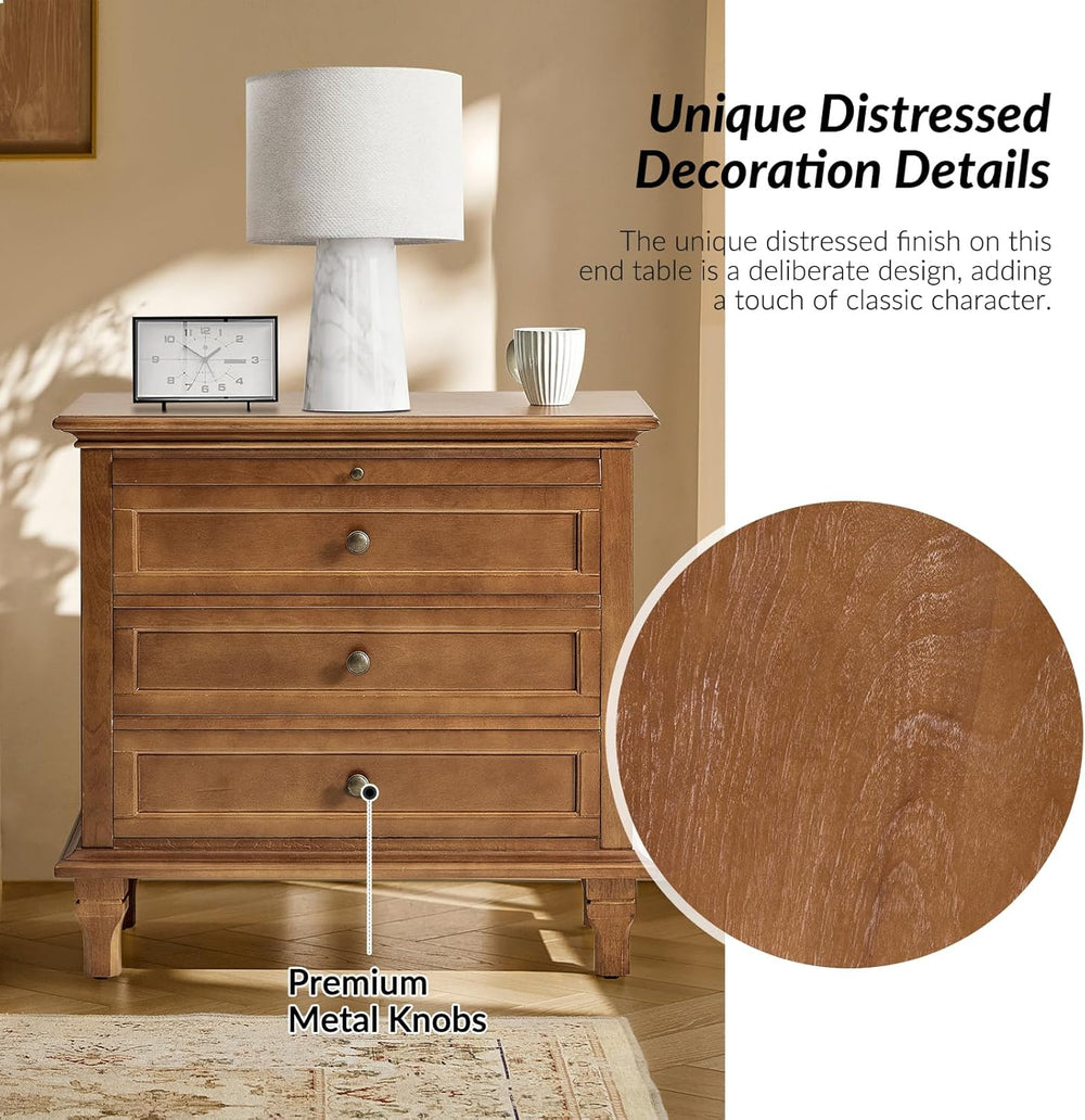 End Table Set of 2 with Charging Station, Solid Wood Organizer with 3 Drawers...