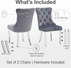 Velvet Dining Chairs Set of 4, Upholstered Dining Room Chairs with Tufted Back & Pull Ring, Modern Kitchen and Dining Chairs, Accent Chairs with Metal Legs (Dark Gray + Silver, Set of 4)