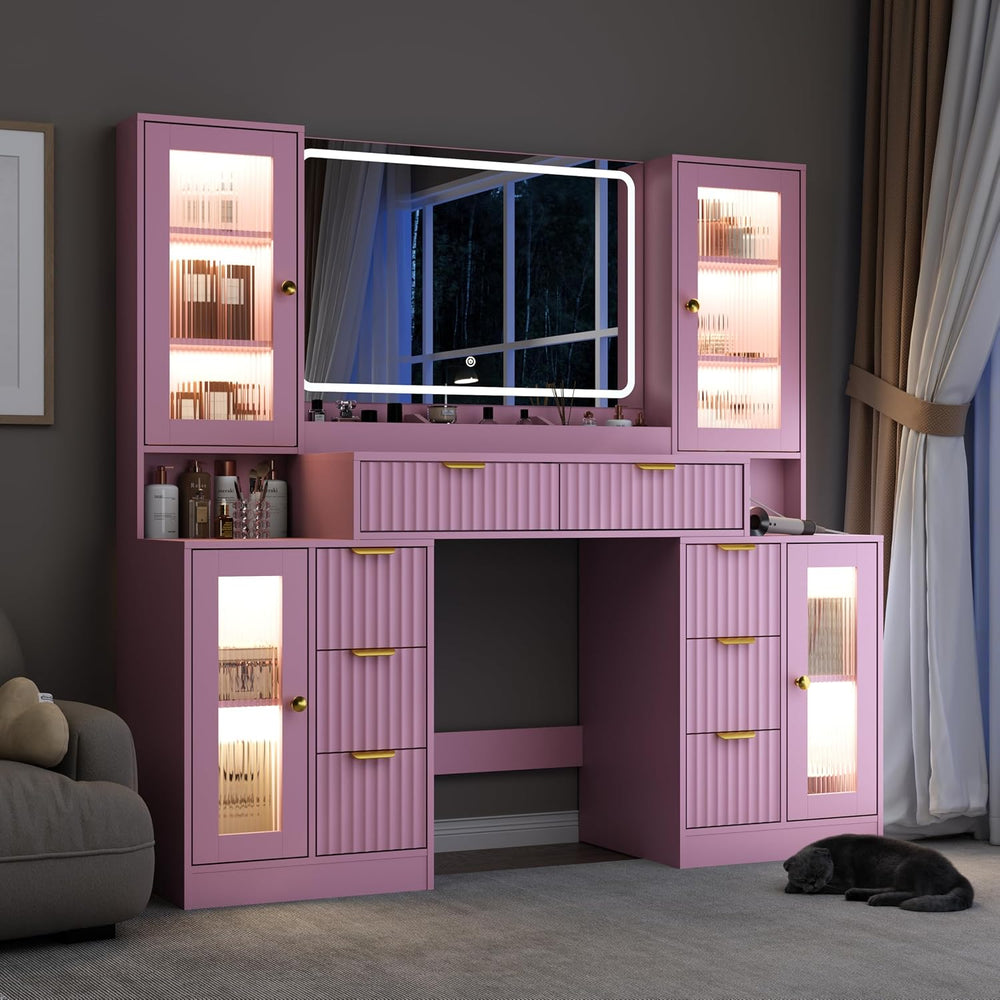 55" Vanity Desk with Mirror & Lights, Fluted Makeup Vanity with 8 Dr...