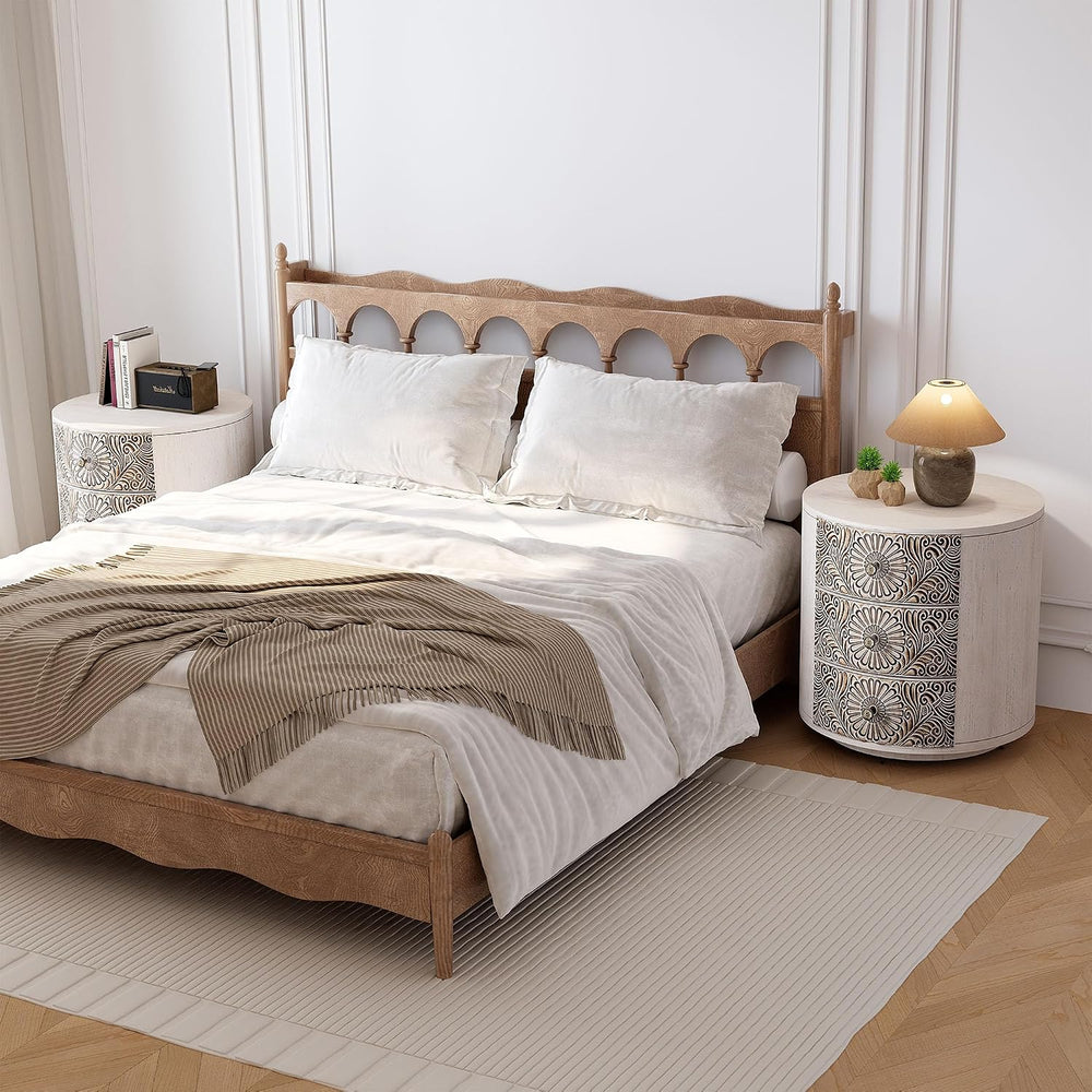 HOMPUS Round End Table Set 2, Fully Assembled Nightstand w 3 Storage Drawers,...