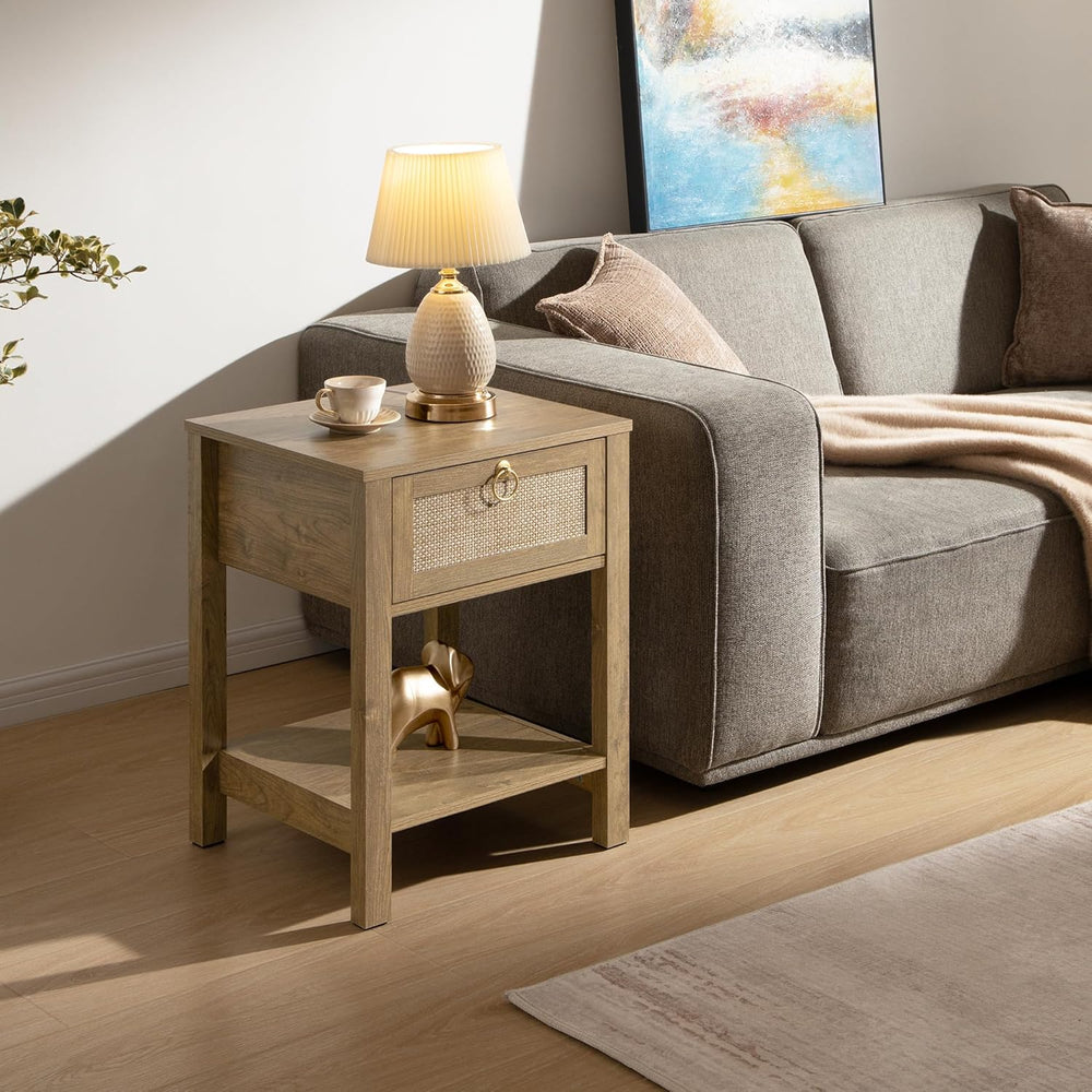 SICOTAS Rattan Nightstand Set of 2 with Storage Shelf, Boho Bedside Tables