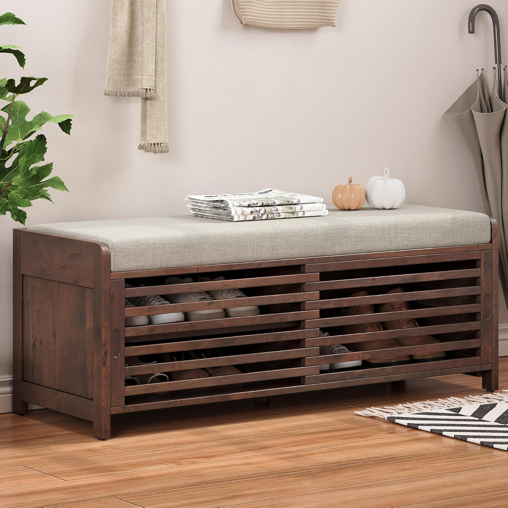 LUMISOL Shoe Bench with Storage and Cushion, Farmhouse Distressed Shutter Sto...