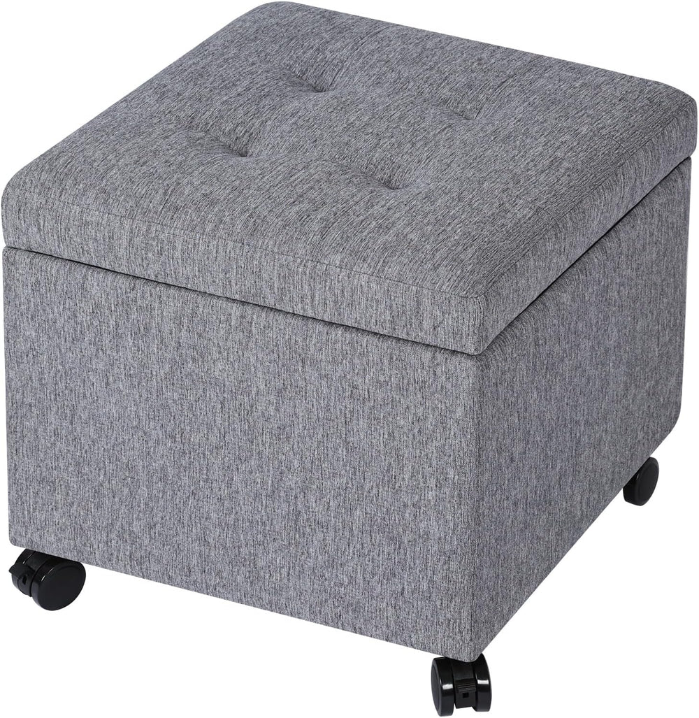 Homebeez 18" Square Storage Ottoman with Wheels, Tufted Linen Cube | Rol...