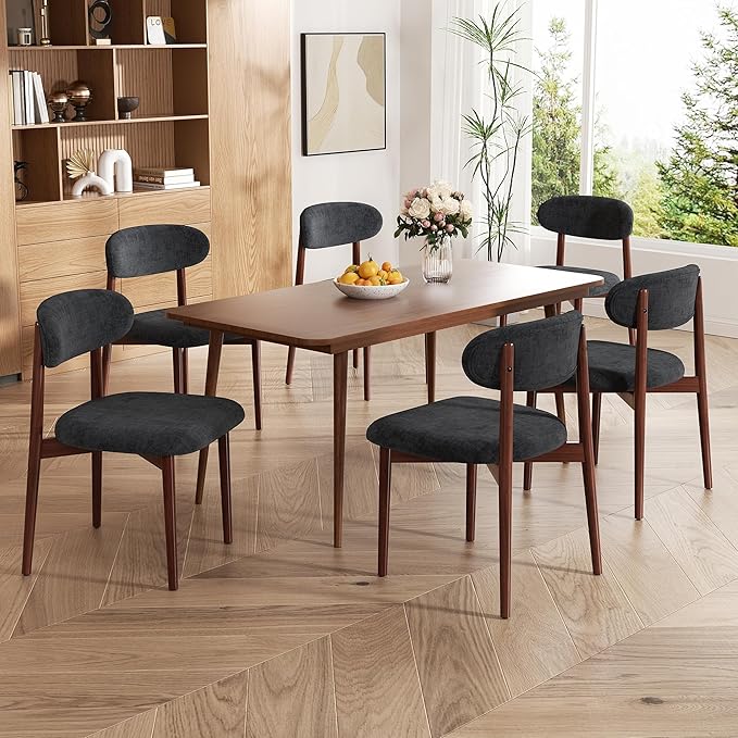 Wooden Dining Chair Set of 6, Modern Dining Chairs with with Curved Back, Linen Fabric Upholstered Kitchen Room Chairs with Adjustable Legs for Farmhouse Dining Living Room,Dark Grey