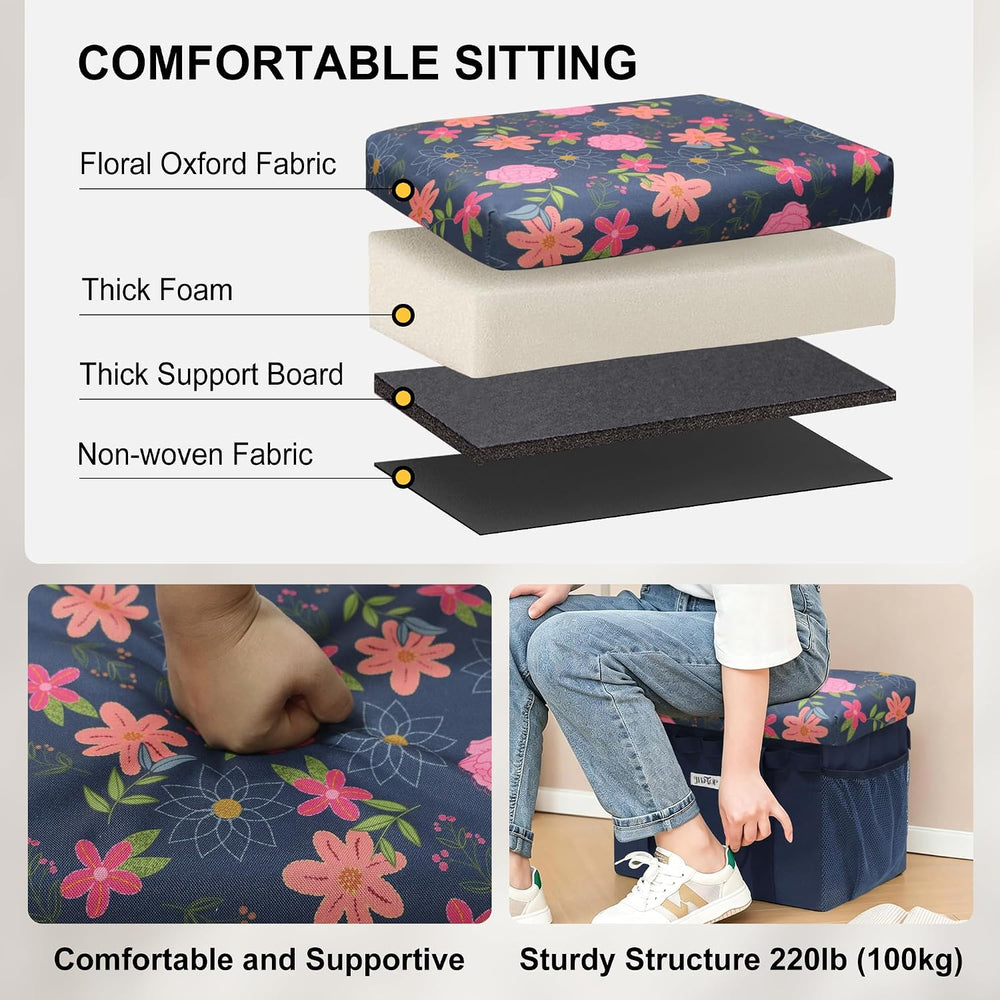 49L Floral Foldable Storage Ottoman 220lb Heavy Duty Sitting Stool | 2-in-1 S...