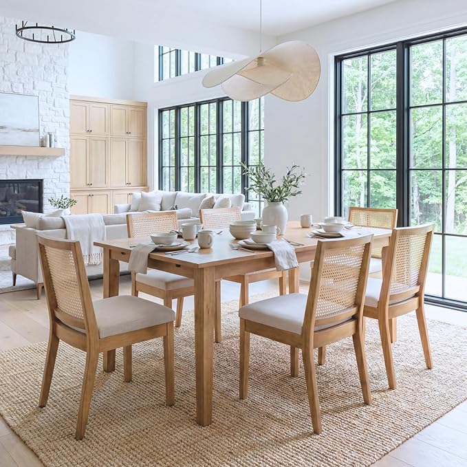Rattan Dining Chairs Set of 4, Farmhouse Linen Dining Room Chairs Kitchen Chairs with Cane Back, Upholstered Rattan Chairs Comfy Side Wood Chair for Living Room/Restaurant, Natural Cream