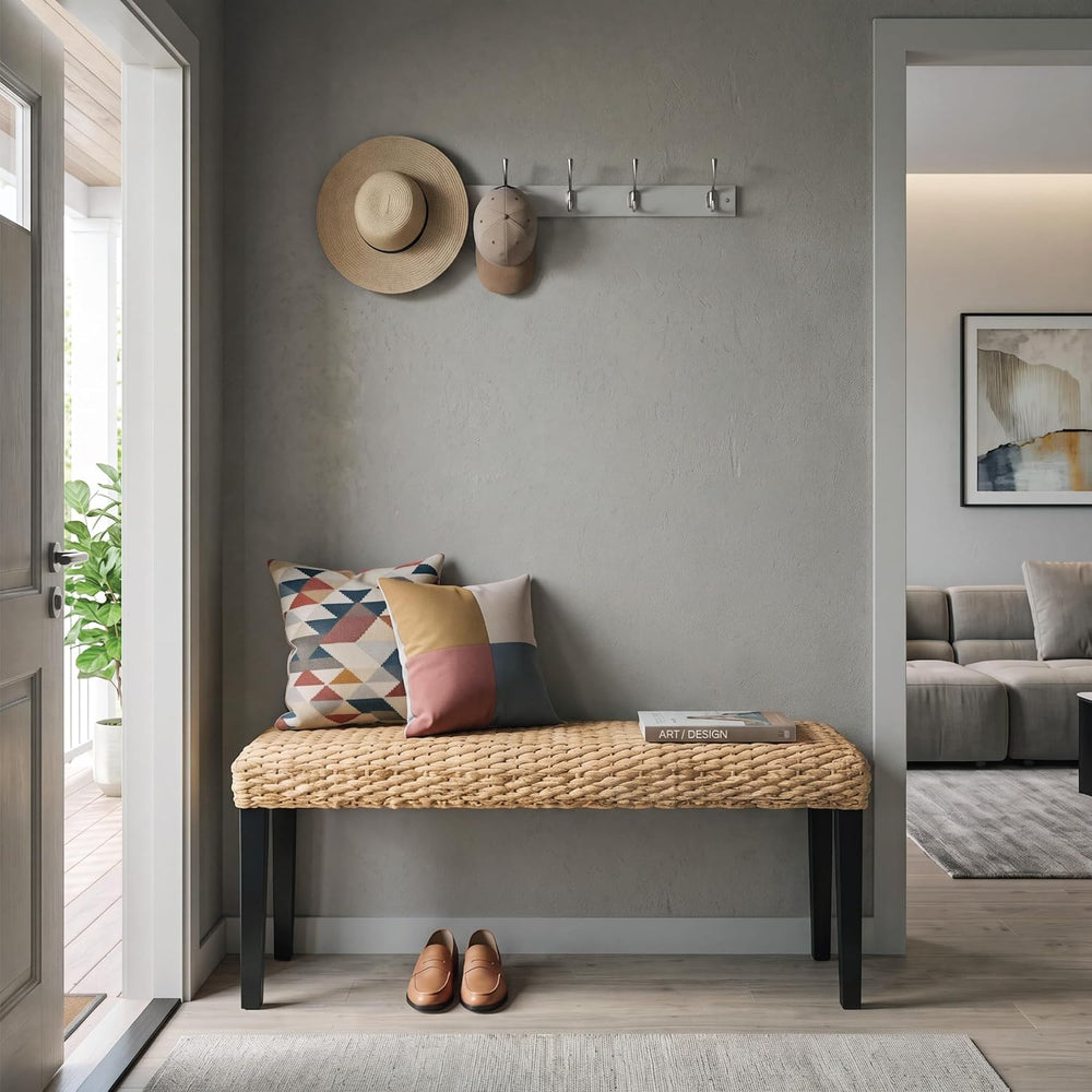 Solid Wood Acacia Indoor Bench, Water Hyacinth Seat, Black Leg, Plait Style |...