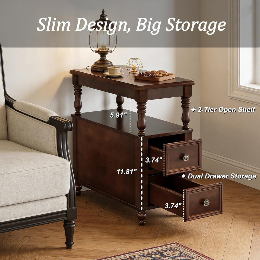 Tribesigns Solid Wood End Table, Vintage Side Table with 2 Drawers & 2-Ti...