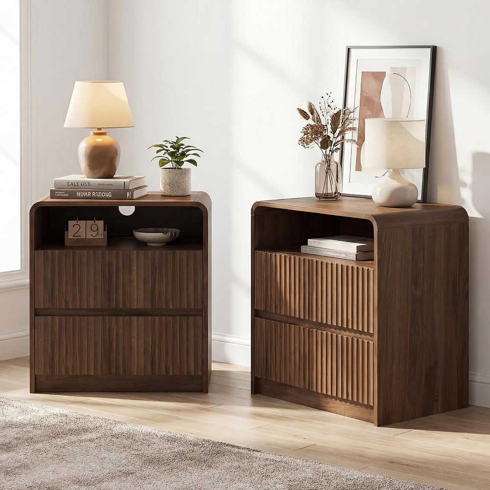 Seang Nightstand Set of 2,Fluted Nightstand with Charging Station & LED L...