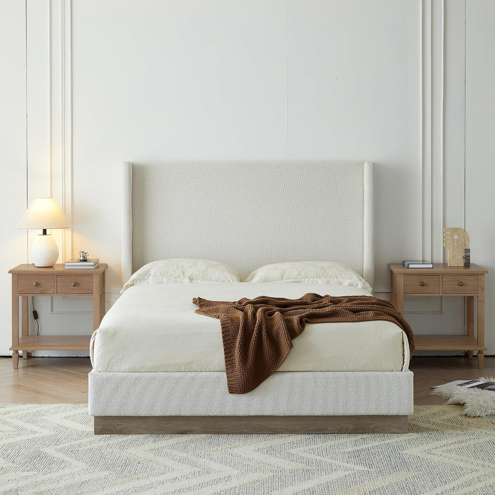 Peanu Queen Bed Frame, Wingback Upholstered Headboard, Cream White