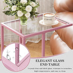 C Shaped End Table, Side End Tables for Living Room,Glass Sofa Couch Table with Metal Frame, Small Tv Tray Snack Dinner Table for Bedroom, Small Spaces, Easy Assembly (Pink)