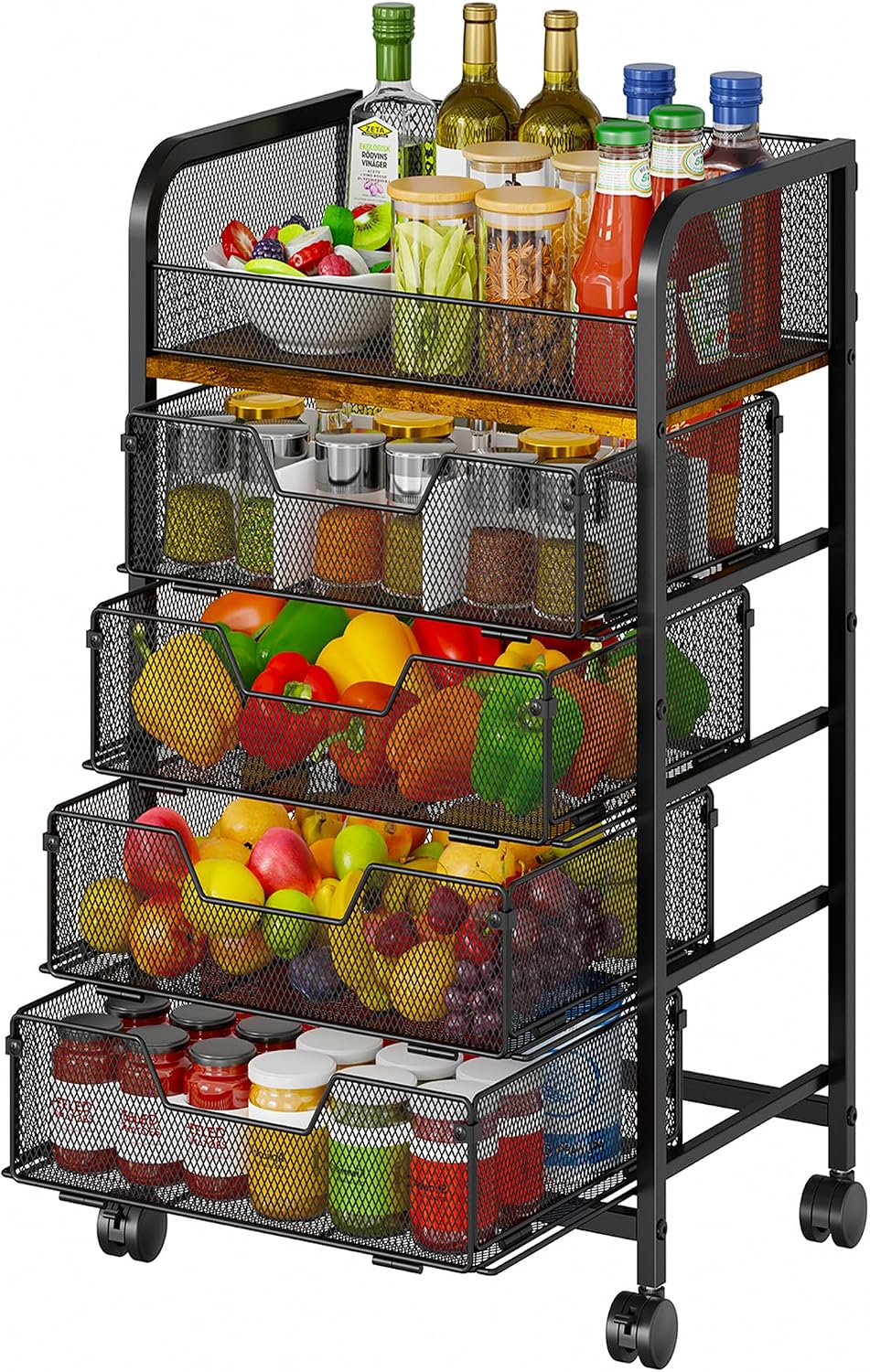 5-Tier Rolling Kitchen Cart with Drawers - Kitchen Storage Cart on Wheels,Pantry Snack Cart,Fruit and Vegetable Storage Cart with Wood Top,Rolling Utility Cart for Potato and Onion Storage