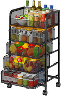 5-Tier Rolling Kitchen Cart with Drawers - Kitchen Storage Cart on Wheels,Pantry Snack Cart,Fruit and Vegetable Storage Cart with Wood Top,Rolling Utility Cart for Potato and Onion Storage