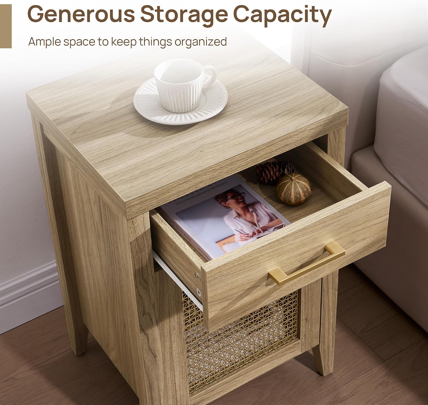 SICOTAS Tall Nightstands Set of 2 with Drawer - Farmhouse Night Stand | Bedside Tables with Storage, Wooden End Tables with Metal Mesh Door and Adjustable Shelf for Bedroom, Light Walnut