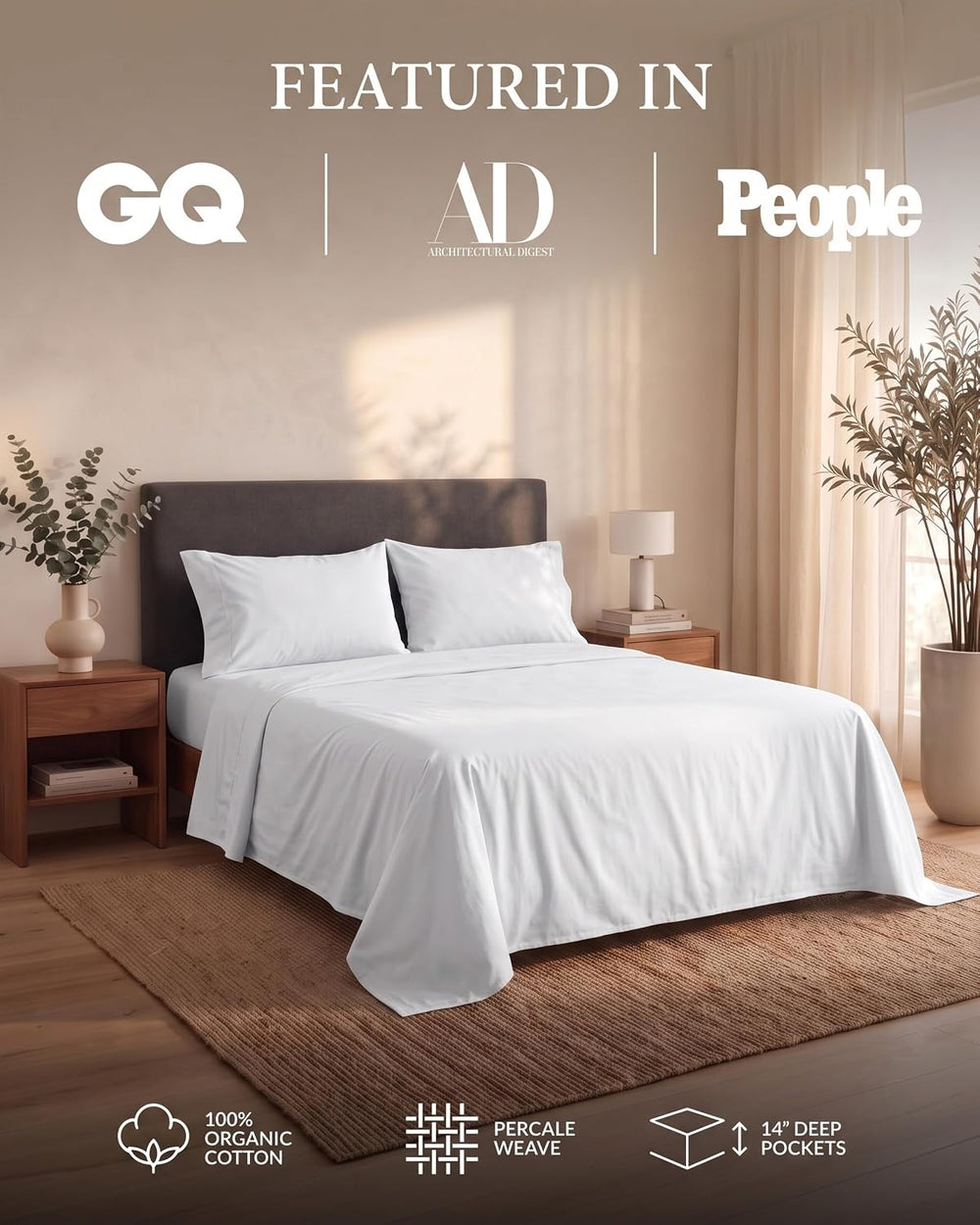 LANE LINEN Queen Sheets 100% Organic Cotton 4pc Percale Cooling - White