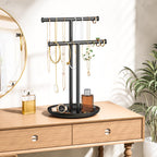 Necklace Rack Stand with Storage Tray - 2 Rods T-Shaped Jewelry Holder Stand for Bracelets, Earrings, Rings | Elegant Vanity & Dresser Top Storage for Women, Black.