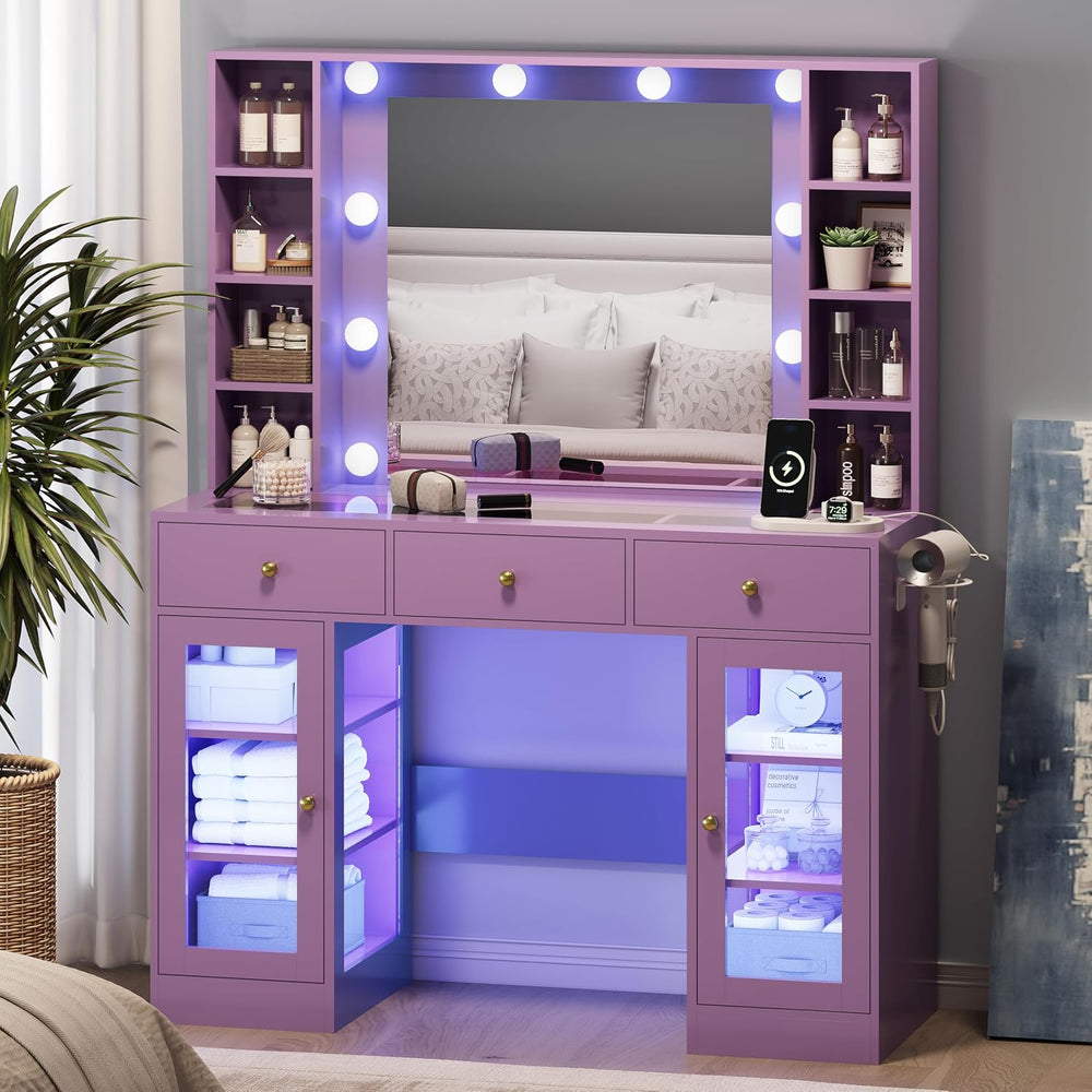 Xixini 43.3" Makeup Vanity with Mirror & Lights, RGB Glass Cabinets,...
