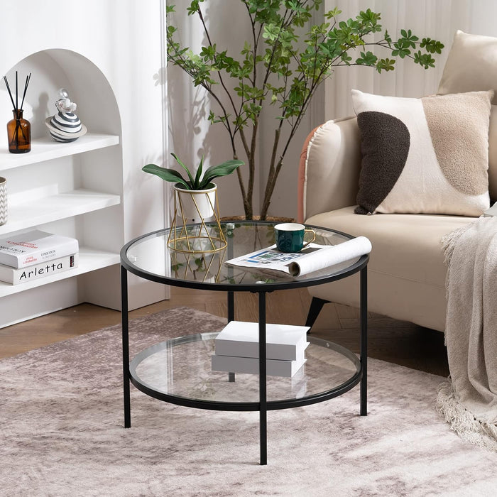 VINGLI 25.6" Glass Coffee Table, Round Coffee Tables for Living Room, Black