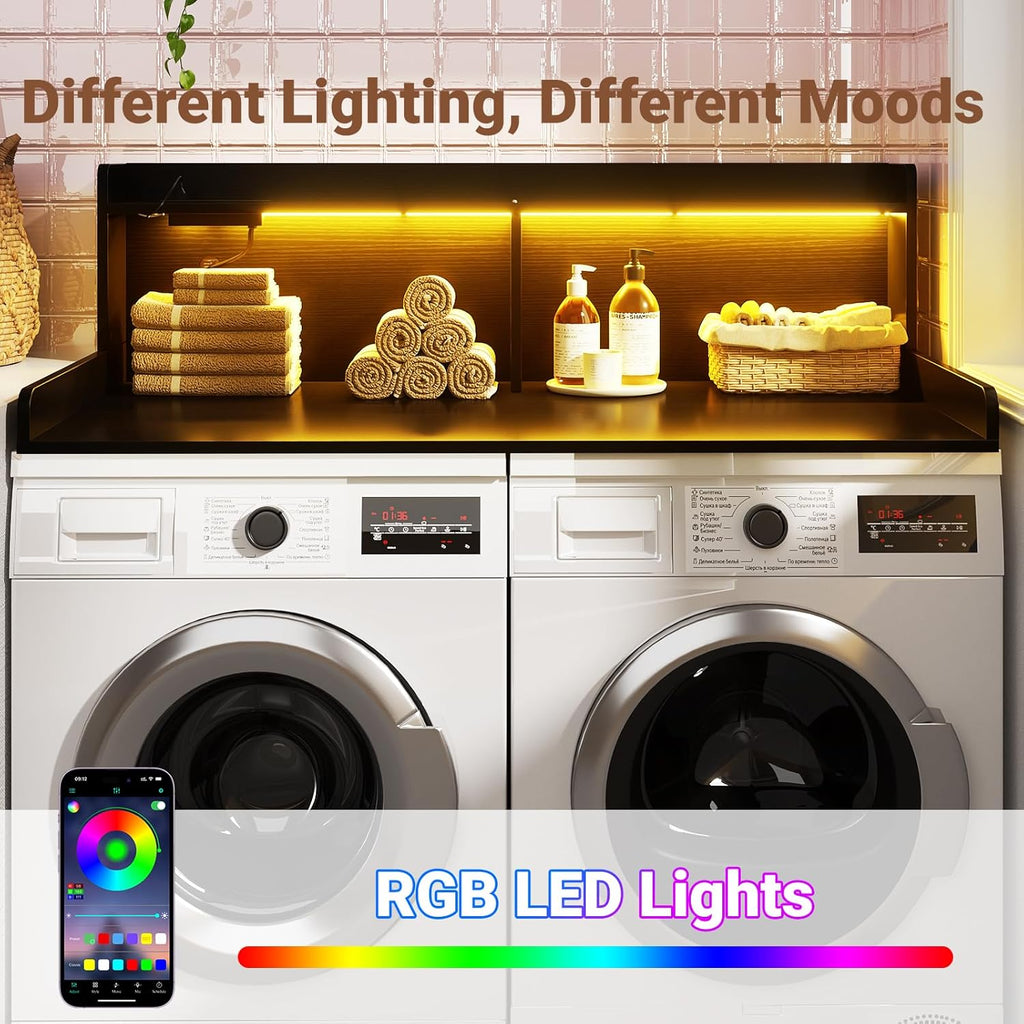 Aheaplus Washer and Dryer Countertop, 2-Tier Laundry Countertop Cover with LED Lights and Power Strip, Large Space Laundry Topper with Shelf for Laundry Room Organization, Black