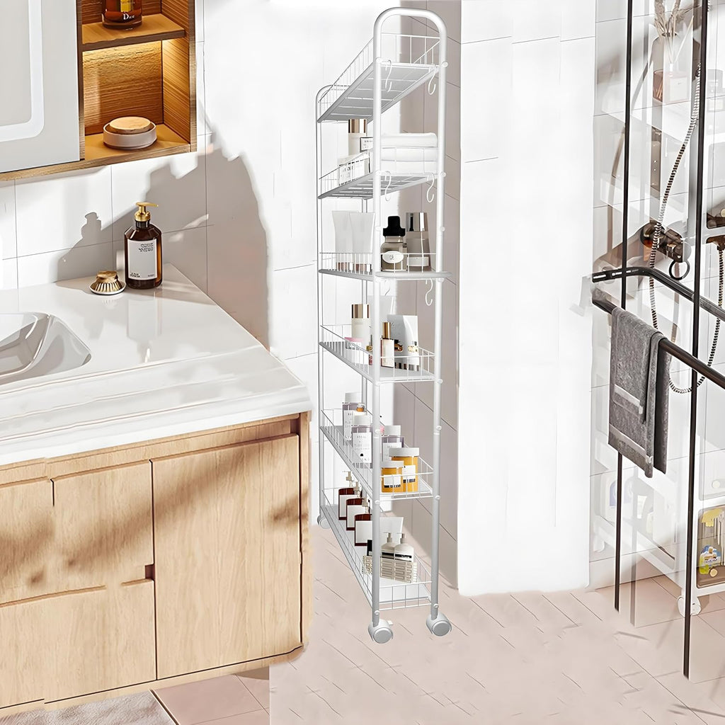 6 Tier 6in Slim Rolling Cart with Handle, White Mobile Shelving Unit with Wheels, Metal Wire Storage Rack with Baskets for Kitchen Bathroom Office Laundry Narrow Piaces