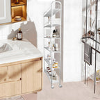 6 Tier 6in Slim Rolling Cart with Handle, White Mobile Shelving Unit with Wheels, Metal Wire Storage Rack with Baskets for Kitchen Bathroom Office Laundry Narrow Piaces