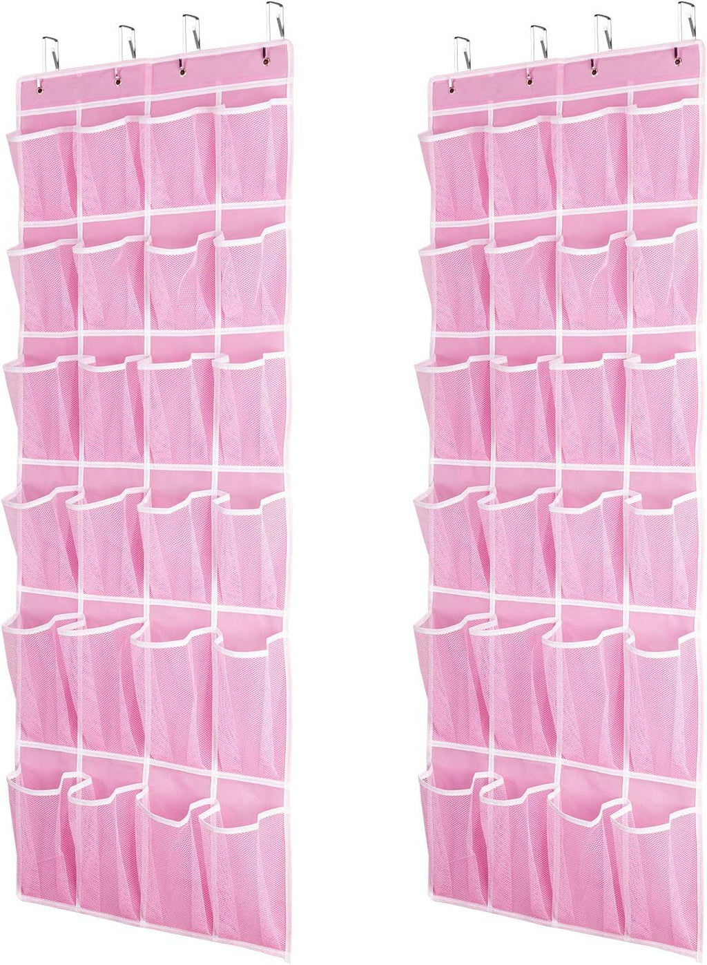 2 Pack Hanging Shoe Organizer，Over Door Shoe Organizer with 24 Mesh Large Pockets Shoe Storage Bag for Sport Shoes Size:58x21 Inch Hanging Door Shoe Rack Organizer (Pink-2pack)