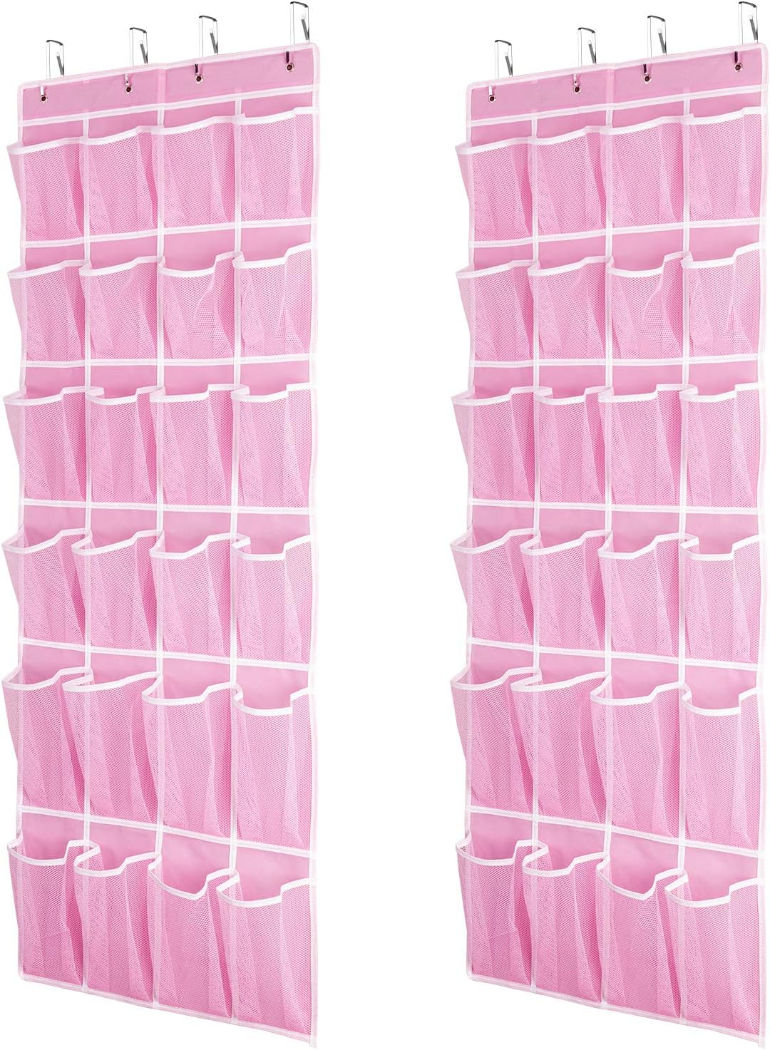 2 Pack Hanging Shoe Organizer，Over Door Shoe Organizer with 24 Mesh Large Pockets Shoe Storage Bag for Sport Shoes Size:58x21 Inch Hanging Door Shoe Rack Organizer (Pink-2pack)