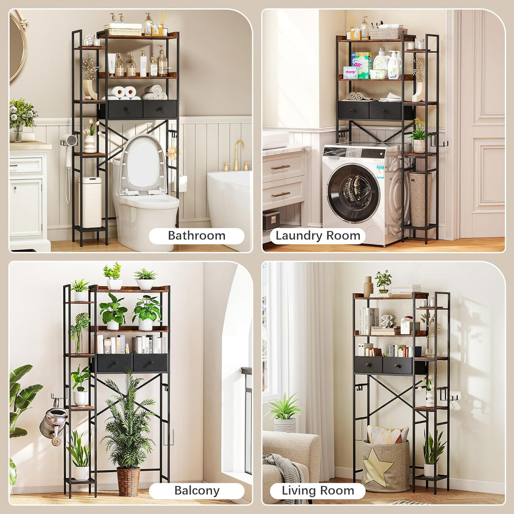 Over The Toilet Storage Shelf with Drawer, 3-Tier Above Toilet Bathroom Organizer with 4 Adjustable Side Shelves, Space Saver Freestanding Rack with Holder & Hook for Laundry Kitchen (Brown)