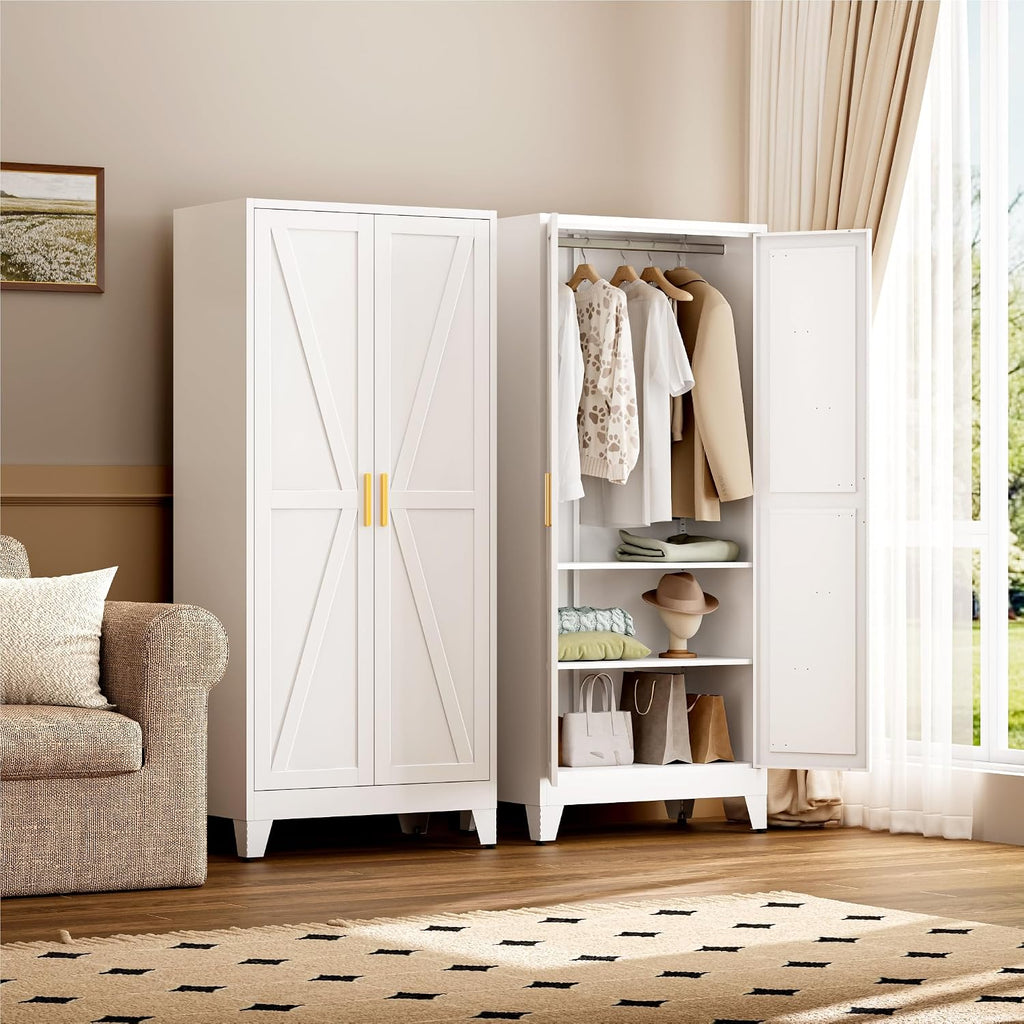 YAUWOH Farmhouse Wardrobe Cabinet,Metal Wardrobe Closet with Hanging Rod,Metal Armoire with Adjustable Shelves for Bedroom,Cloak Room,Office (White)