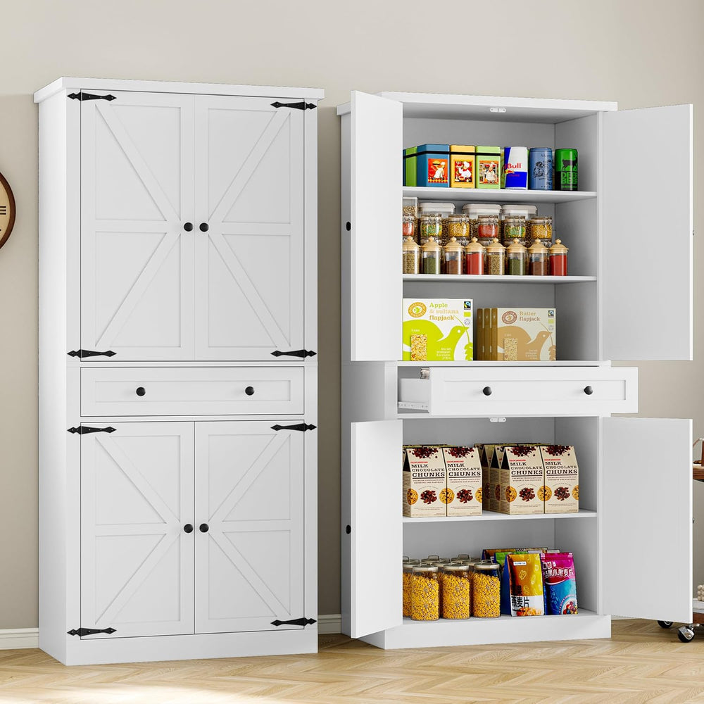 BORNOON Pantry Organizers and Storage Cabinet, 67.7” Barn Door White Kitchen ...