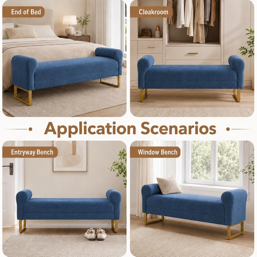 65.75" Storage Ottoman Bench, End of Bed Bench for Bedroom | Hidden Storage, Gold Metal Legs, Chenille Upholstered Seat And Modern Design For Living Room, Entryway Or Window Seating