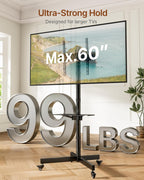 Rolling TV Stand for 23-60" TVs, 121 lbs, Black | Mobile TV cart supports 99 lb TV plus 22 lb shelf, with locking wheels, height and tilt adjustment, VESA 400x400