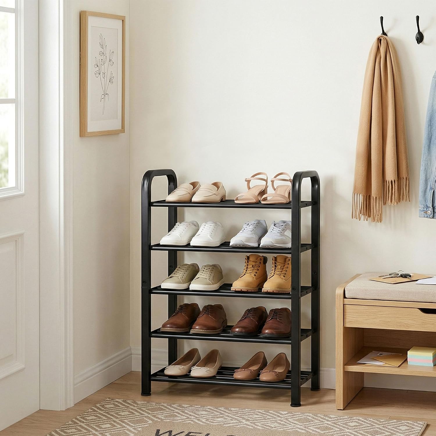 STORAGE MANIAC 5-Tier Expandable Shoe Rack, 20 Pairs Adjustable Shoe Shelf for Closet, Entryway, Hallway, Garage, Dorm, Heavy-Duty Metal Shoe Organizer for Small Space, Black