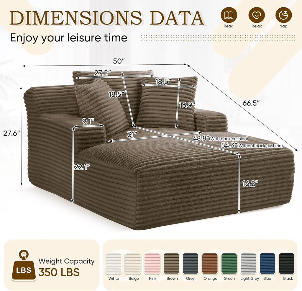 Oversized Chaise Lounge Chair Indoor,50" W Upholstered Corduroy Sofa with 3 Pillows,Comfy Fluffy Cloud Couch,Modern Deep Seat Sofa,Single Sleeper Sofa Chair for Livingroom,Bedroom,No Assembly(Brown)