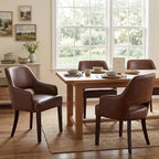 DM FurnitureFarmhouse Dining Chairs Set of 4, PU Leather Upholstered Dining Chairs with Arms, Mid Century Modern Solid Wood Kitchen Chairs, Comfortable Accent Chairs for Dining/Living Room, Brown