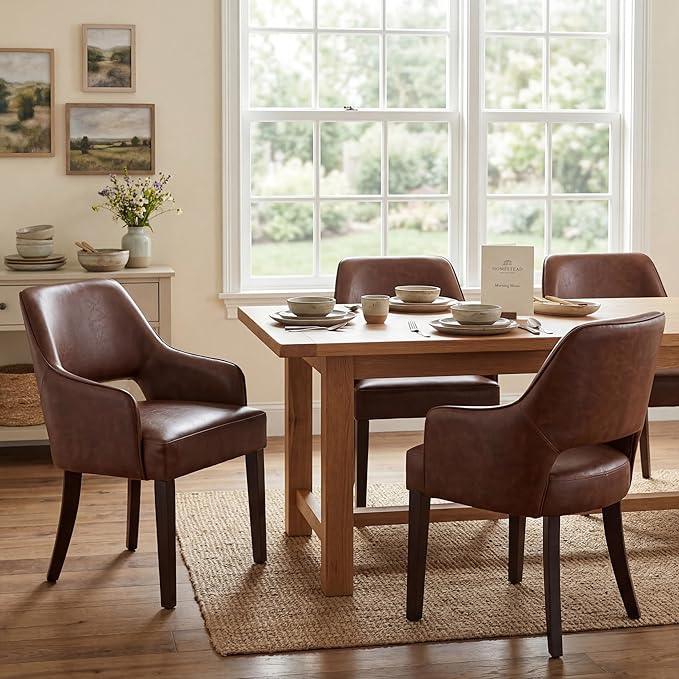 DM FurnitureFarmhouse Dining Chairs Set of 4, PU Leather Upholstered Dining Chairs with Arms, Mid Century Modern Solid Wood Kitchen Chairs, Comfortable Accent Chairs for Dining/Living Room, Brown