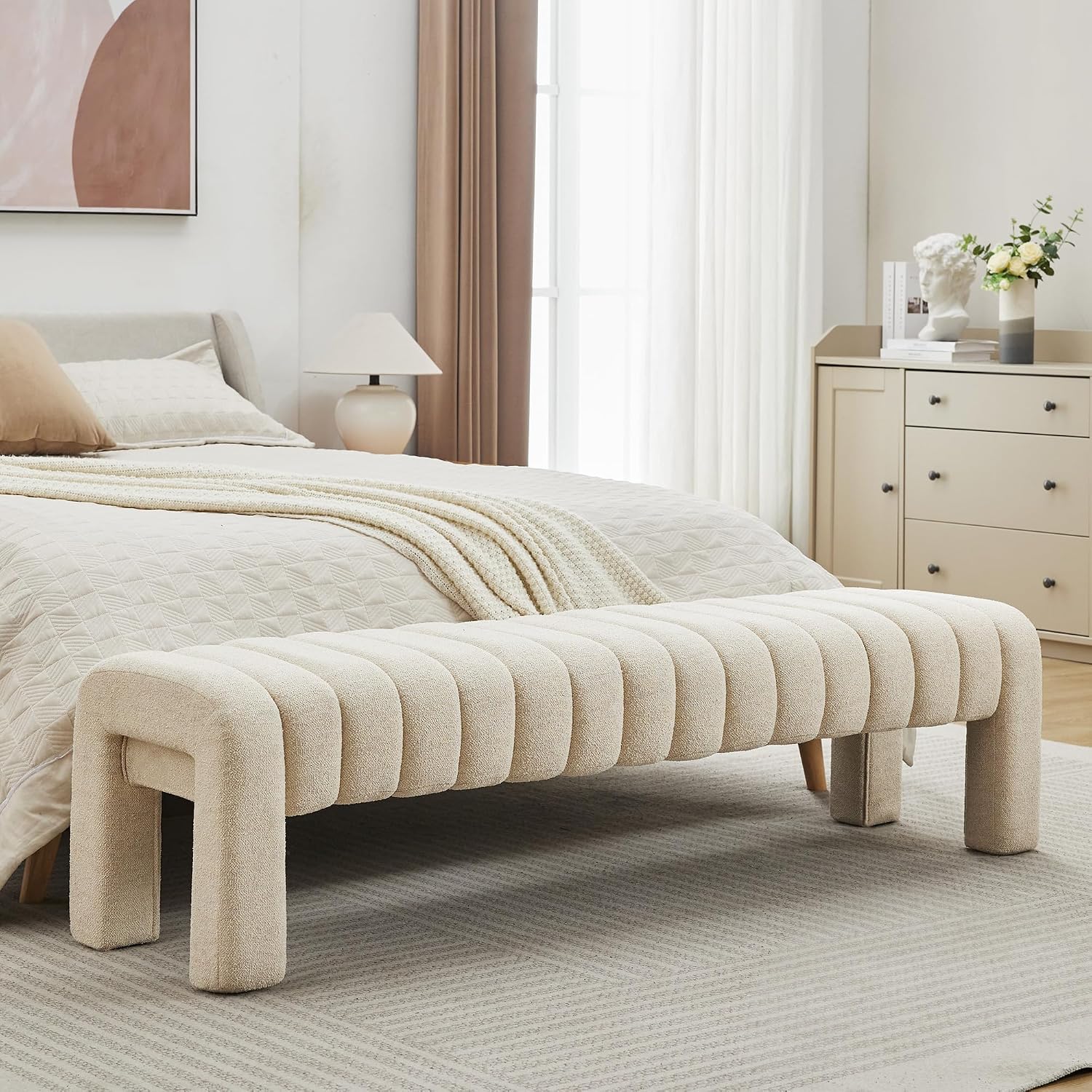 63" Bedroom Bench, Upholstered Entryway Bench, Modern End of Bed Ottoman with Solid Wood Legs and Adjustable Foot Pegs for Entryway, Dining Room and Living Room (Beige Linen)