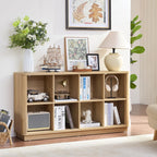 8 Cube Storage Book Shelf, 52" Long Horizontal Bookshelf with Curved Edge, Floor Standing Wooden Cubby Bookcase with Base, Modern Low Console Book Case, TV Stand for Living Room, Natural Oak