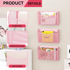 3 Single Pocket Wall File Holder, Mesh Hanging File Folder Paper Organizer, Vertical Wall Mounted Mail Basket, Storage Organization Magazine Rack for Office, Home and School, Pink