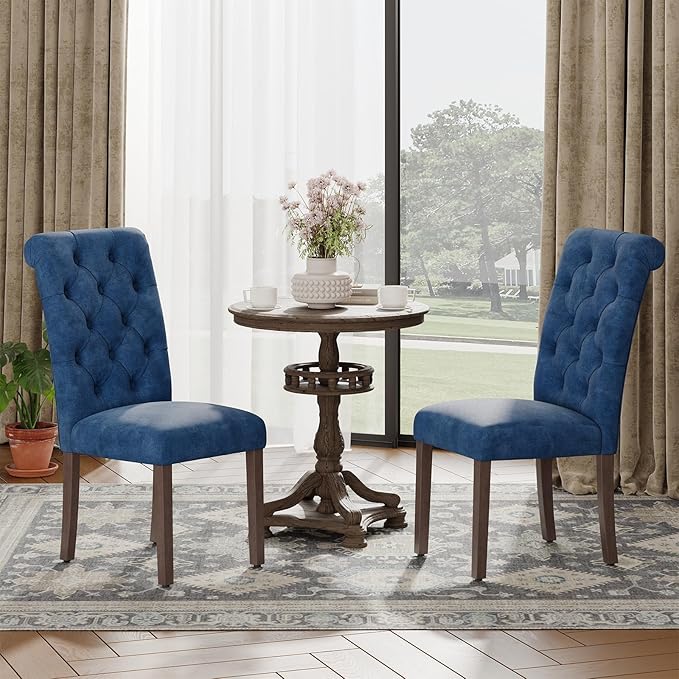 Upholstered Tufted Dining Room Chairs Set of 2, Parsons Kitchen Chairs with Padded Seat and Solid Wood Legs, Fabric Accent Side Diner Chair for Dining Room/Kitchen/Living Room, Blue