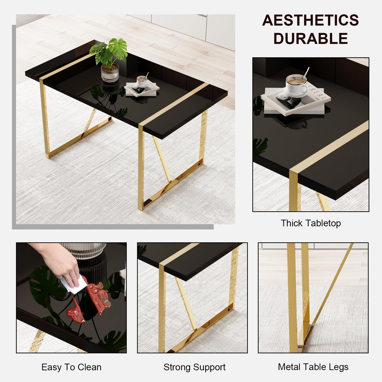Modern Dining Table Set for 6, 55" Black Dining Table Set with 6 Faux Leather Chairs, Black Glossy Tabletop with Golden Stainless Steel Legs, 7 Piece Dinning Set Ideal for Small Space