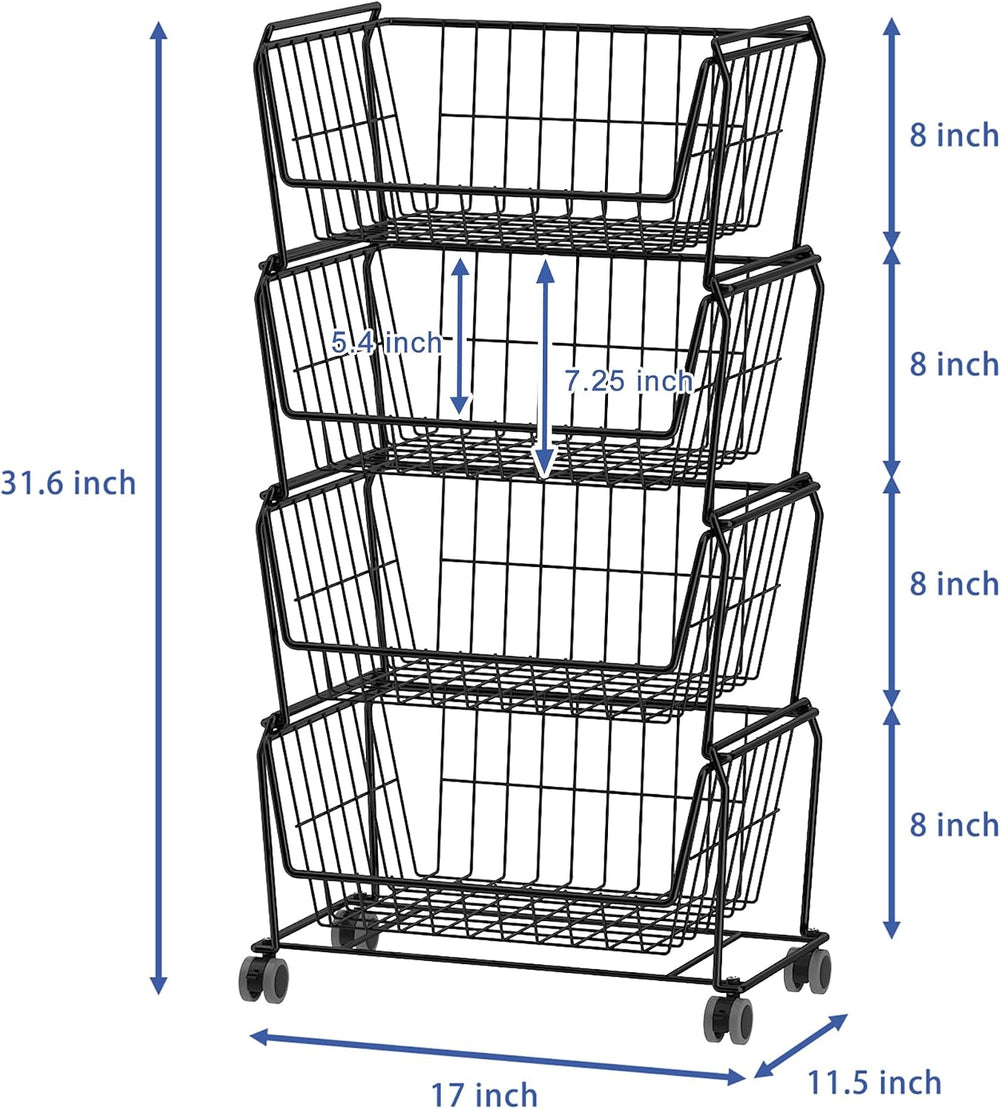 PUSDON 4-Tier Spacious Stackable Wire Storage Baskets with Wheels, Metal Roll...