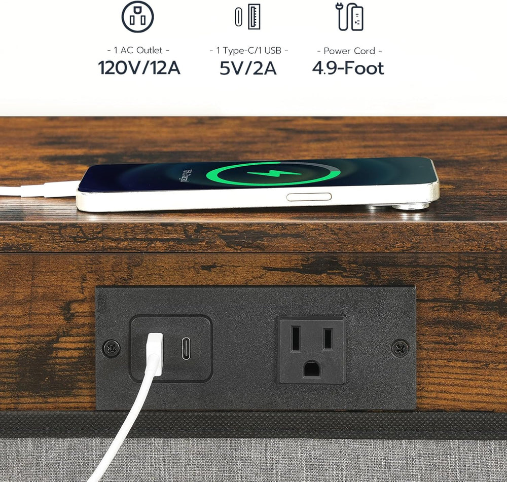 HOOBRO C Shaped End Table with Charging Station, 30” Adjustable Height Sofa S...