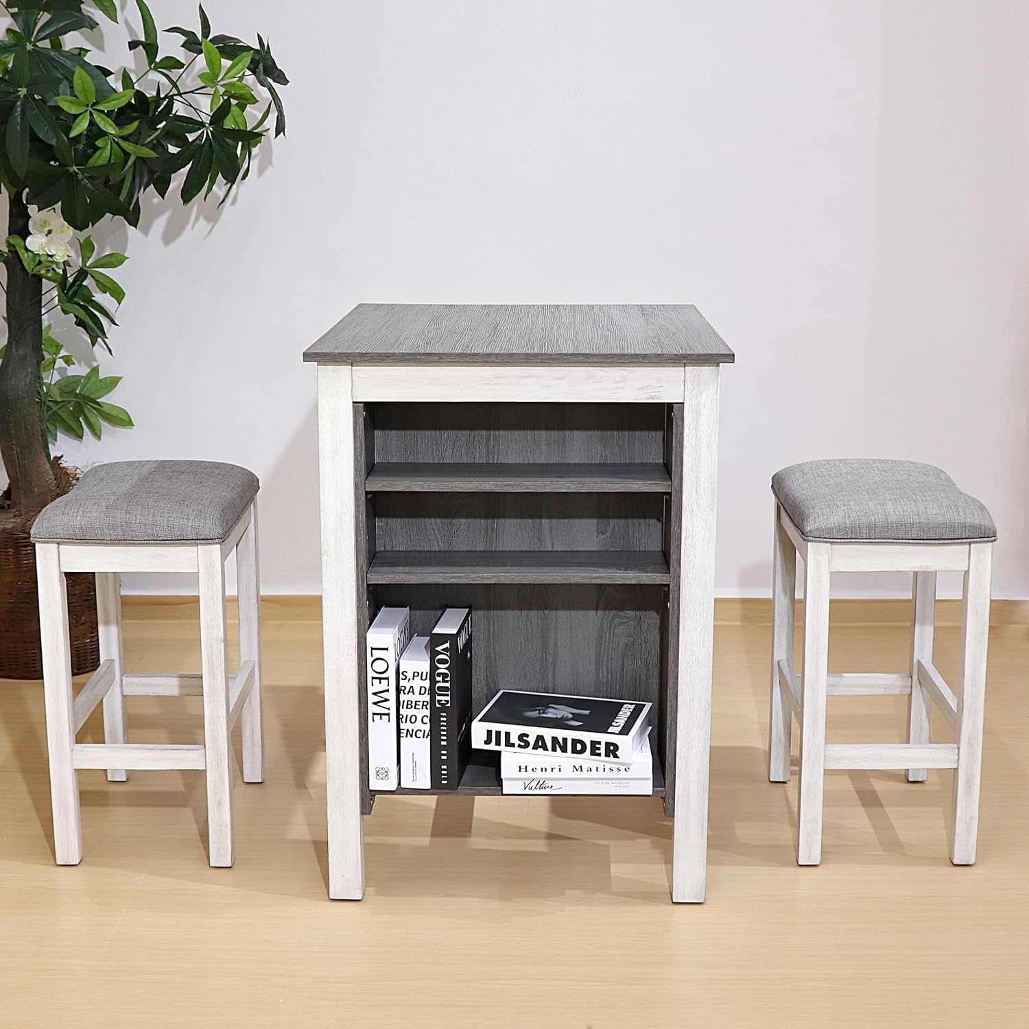 3-Piece Wooden Dining Table Set, Kitchen Island with Seating for 2, Kitchen Bar Table with Stools, Counter Height Dining Table Set, Rustic Gray Antique White, Farmhouse Style