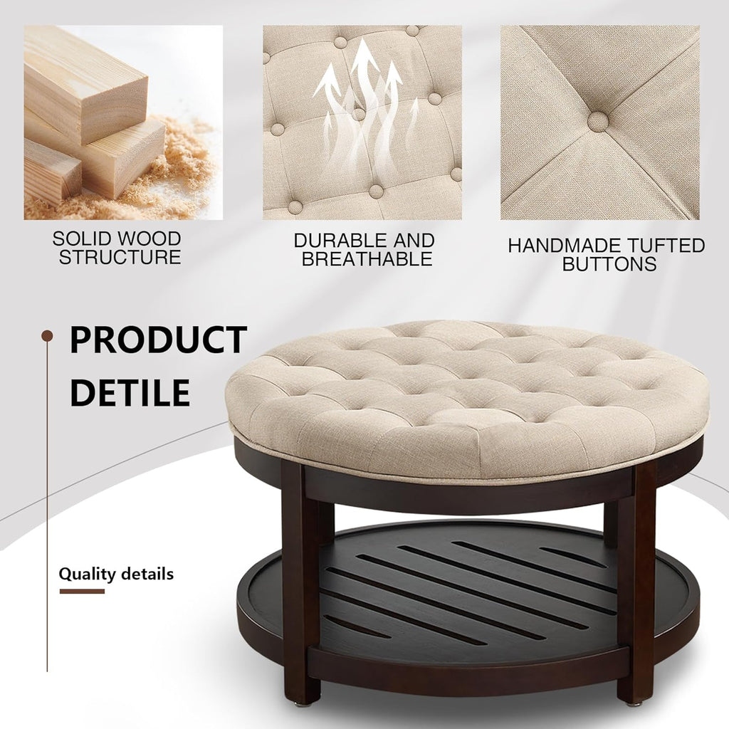 adochr Round Coffee Tables for Living Room,33’’ Storage Ottoman with Wooden Tray, Upholstered Ottoman Footrest, Light Brown