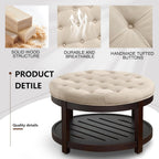 adochr Round Coffee Tables for Living Room,33’’ Storage Ottoman with Wooden Tray, Upholstered Ottoman Footrest, Light Brown