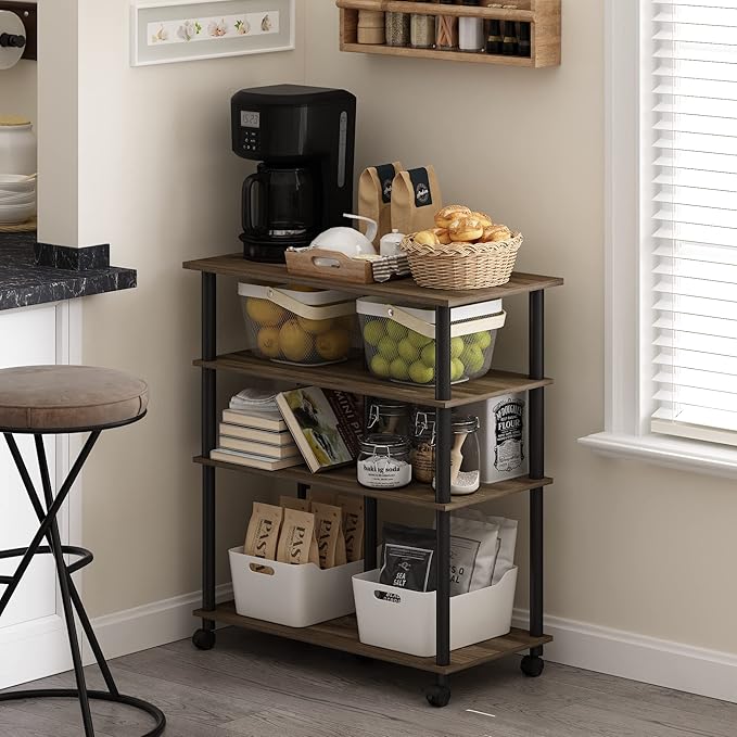 Furinno Helena 4-Tier Multifunction Rolling Open Shelves Storage Cart Organizer, Columbia Walnut/Black