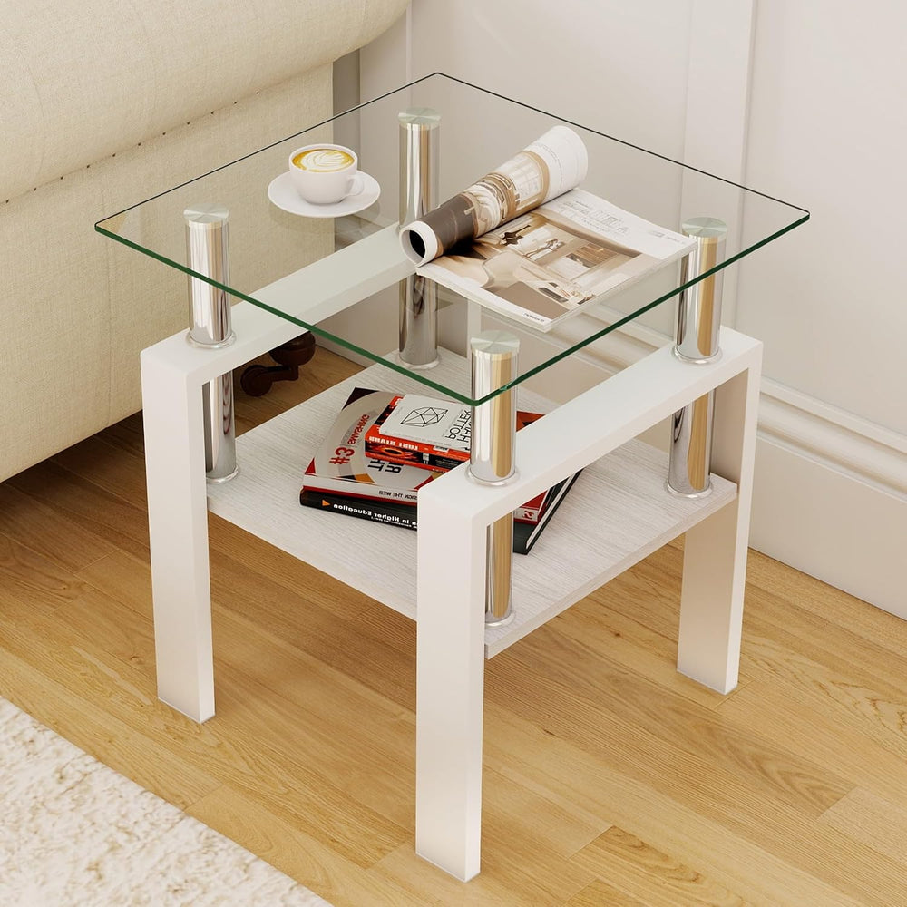2-piece Set Modern Tempered Glass Side Table, Small Glass Top End Table, Squa...