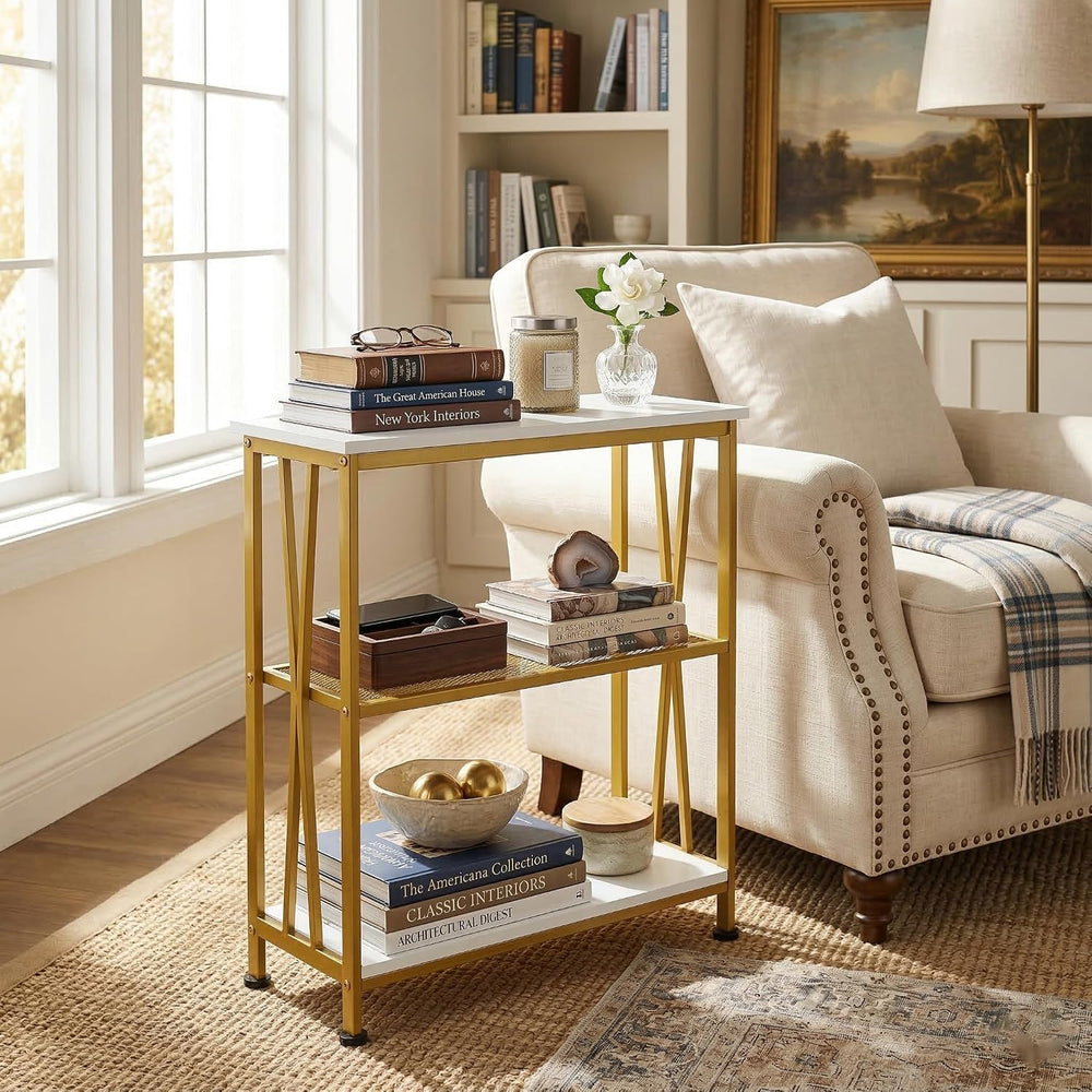 Narrow Side Table, End Table with 3 Tier Storage Shelves, Industrial Rustic A...